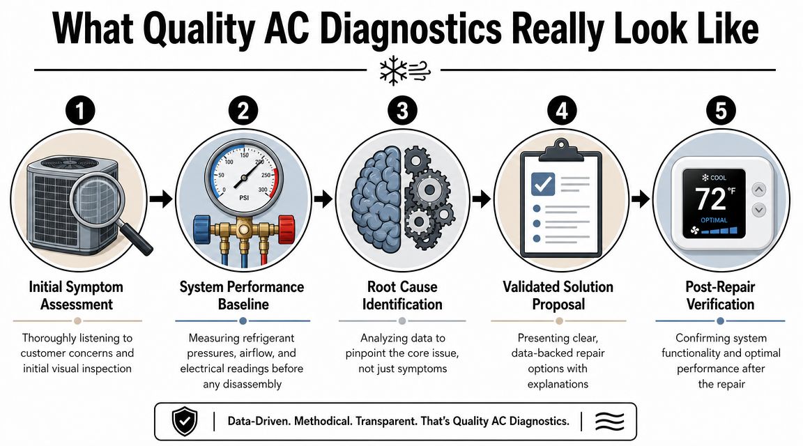 A five-step infographic illustrating the professional, data-driven process for quality AC diagnostics and repair services.