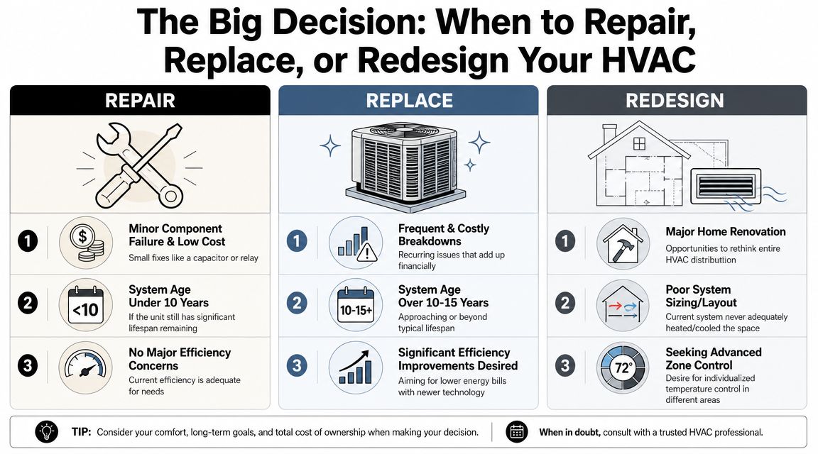 A helpful infographic guide titled The Big Decision: When to Repair, Replace, or Redesign Your HVAC system.