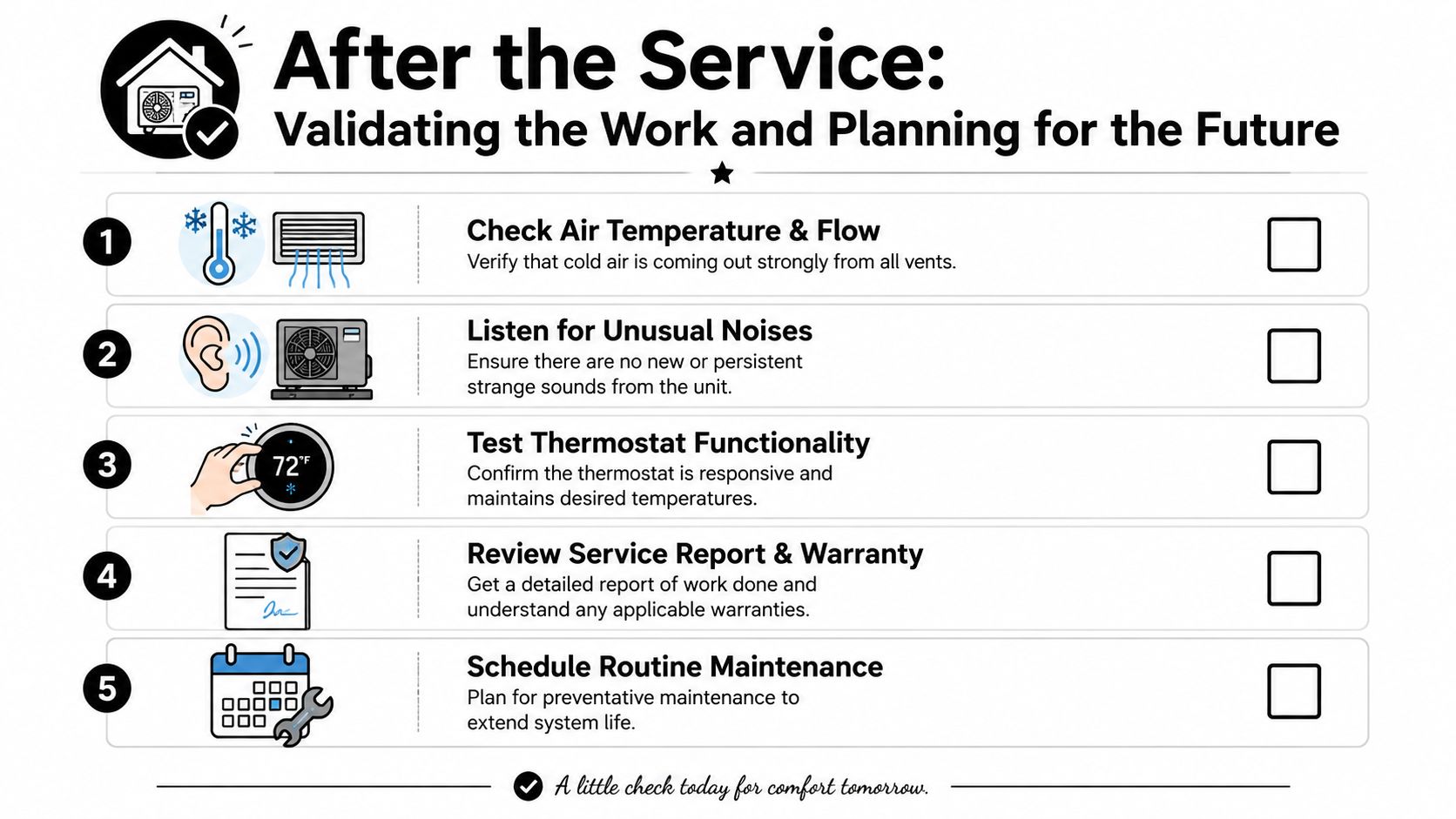 A checklist illustrating five essential post-service steps for maintaining an air conditioning unit efficiently.