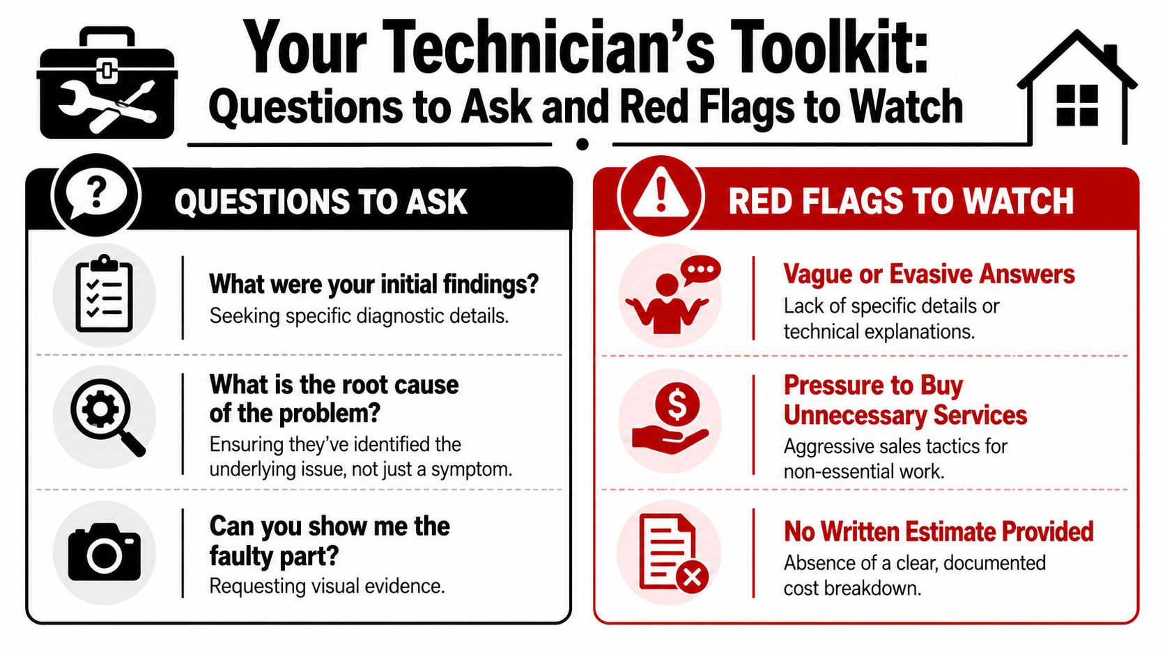 An infographic titled Your Technician's Toolkit detailing essential questions to ask and red flags to watch.