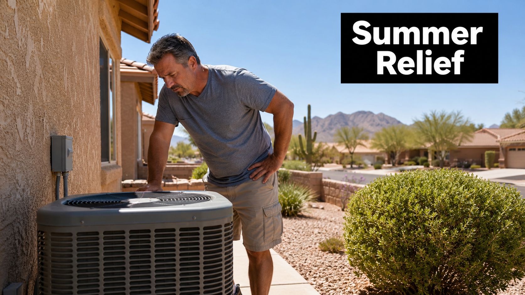 A concerned man inspecting his residential air conditioning unit outside a house on a sunny day.