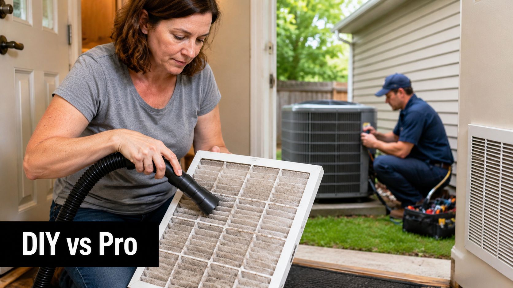 A woman cleaning a dirty HVAC air filter while a technician repairs an outdoor AC unit.