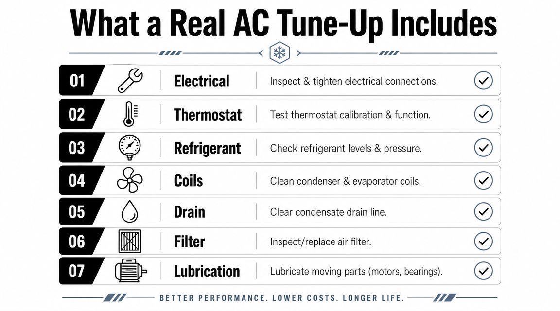 A checklist infographic titled What a Real AC Tune-Up Includes, detailing seven essential air conditioning maintenance tasks.