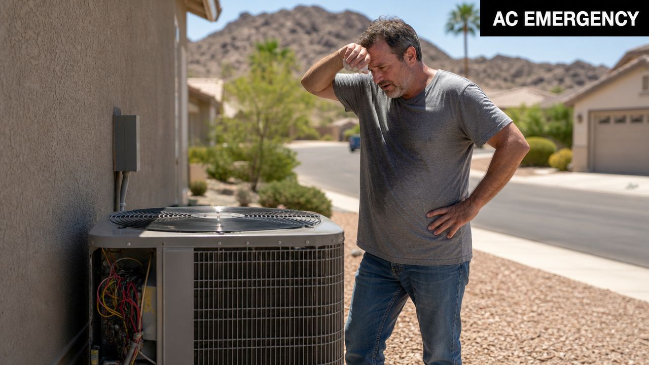 A frustrated man wiping sweat from his forehead next to a broken outdoor air conditioning unit.