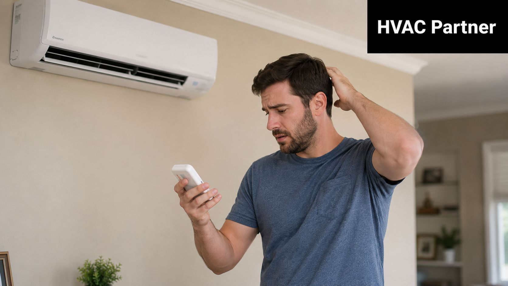 A confused man looking at an air conditioning remote control while standing near a wall mounted unit.