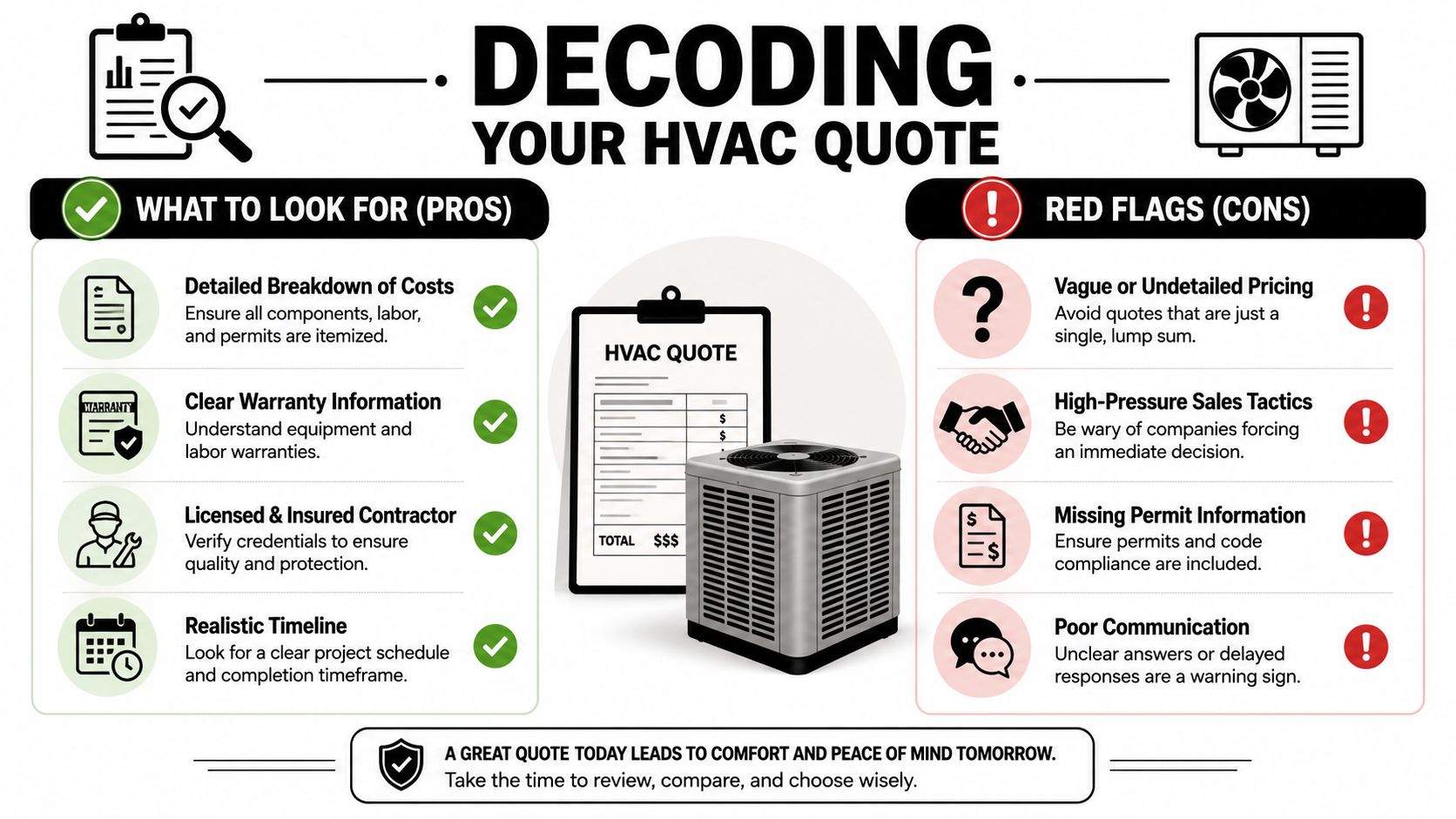 A helpful infographic explaining the pros and cons of evaluating a professional HVAC installation price quote.