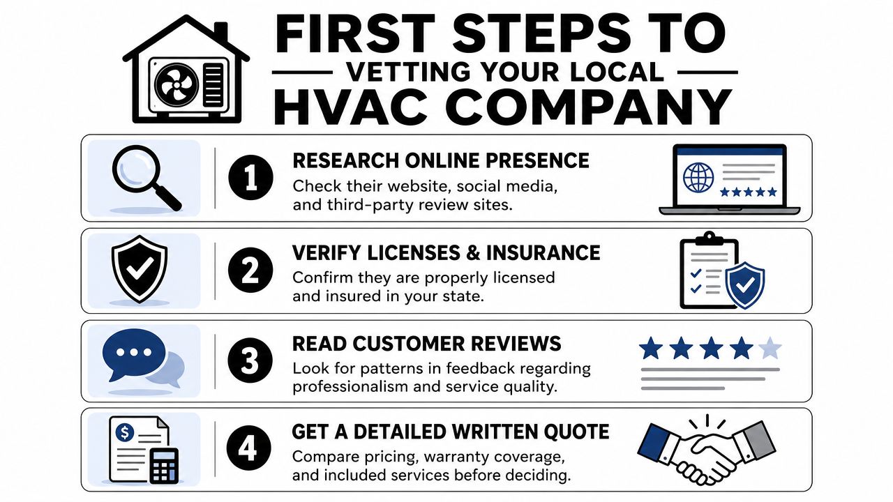 An infographic showing four essential steps for vetting and selecting a reliable local HVAC service company.