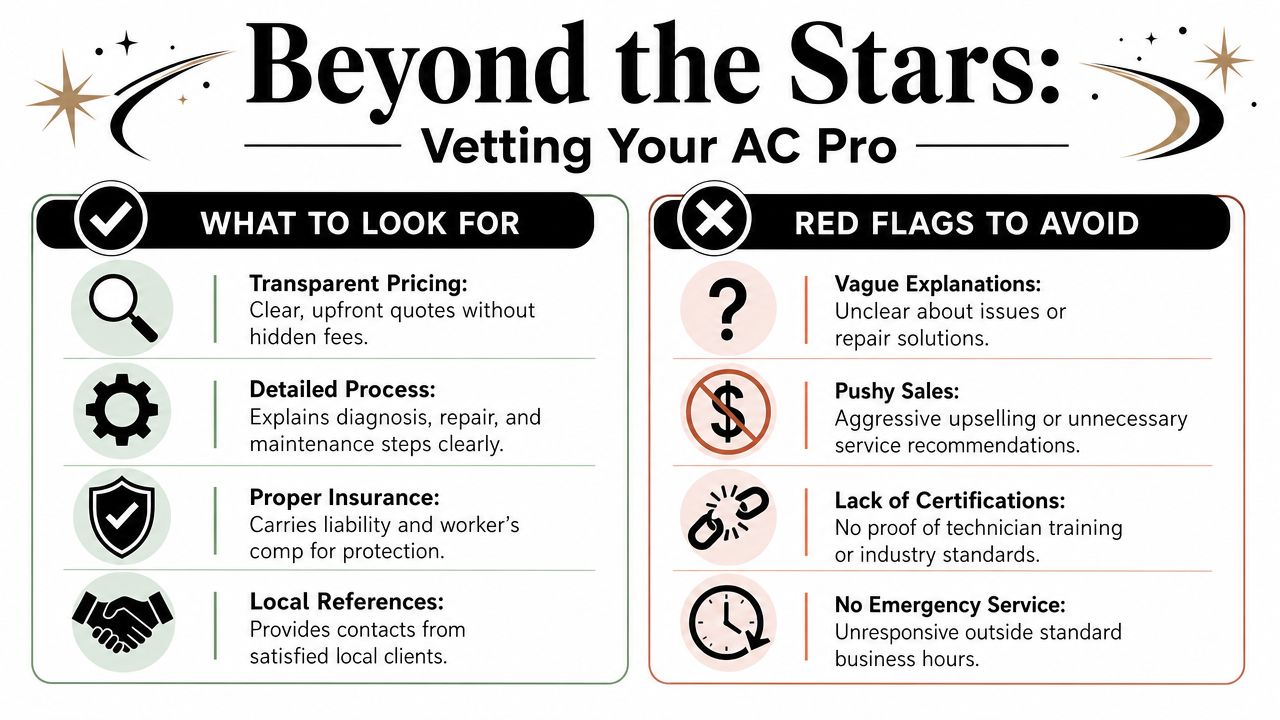 An infographic titled Beyond the Stars outlining what to look for and red flags when choosing an AC professional.