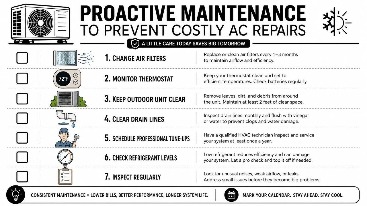 An infographic checklist outlining seven essential proactive maintenance tips to help prevent costly home air conditioning repairs.