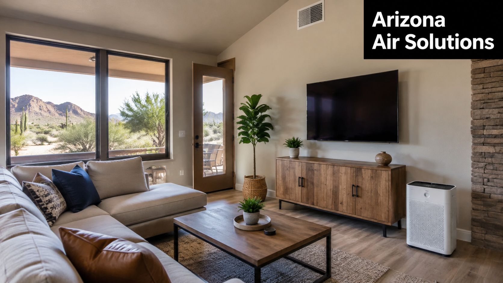 A modern living room with a white air purifier placed next to a wooden entertainment console.