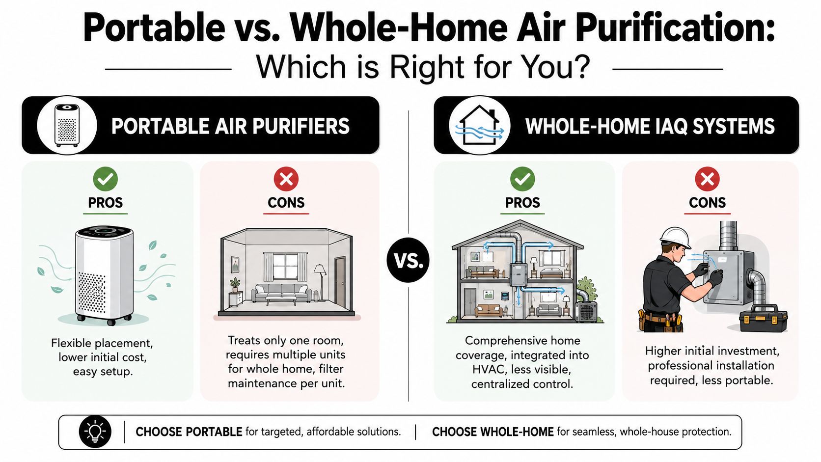 A comparison chart showing the pros and cons of portable air purifiers versus whole-home air purification systems.
