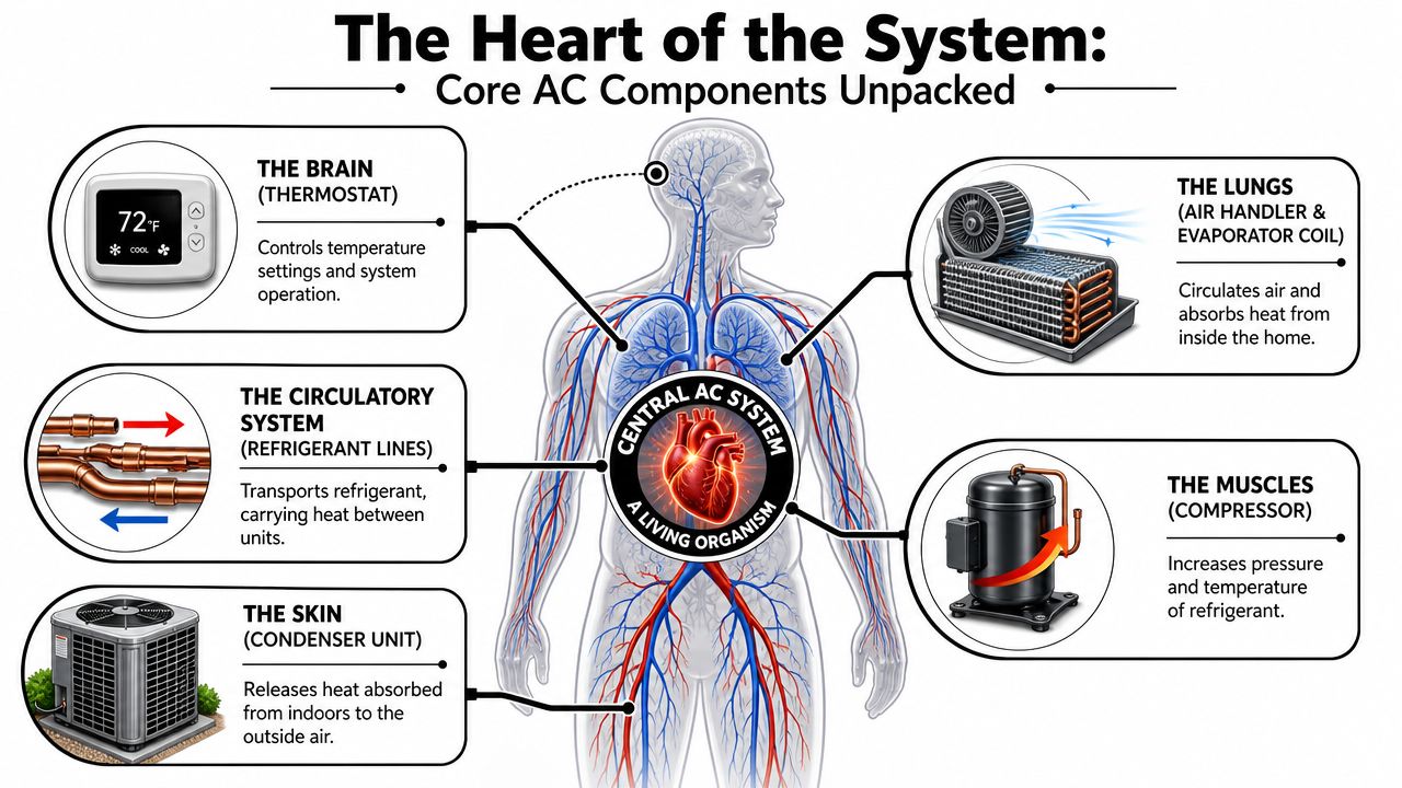 An infographic showing central air conditioning components compared to human body systems for better understanding.