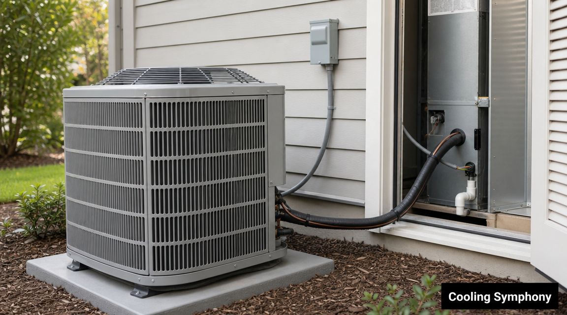 A gray residential central air conditioning unit installed on a concrete pad outside a house exterior.