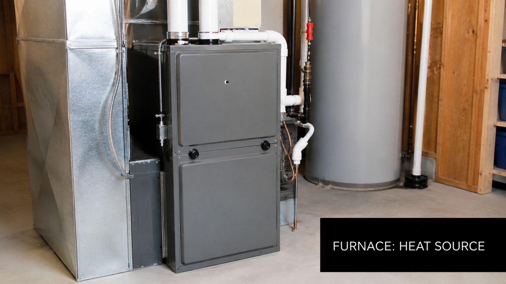 A gray furnace unit positioned next to a large water heater in a residential basement utility area.