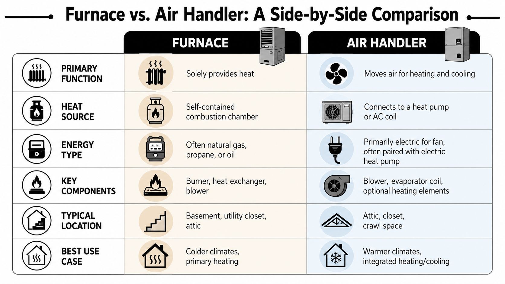 A comparison chart outlining key differences between a heating furnace and an HVAC air handler unit.