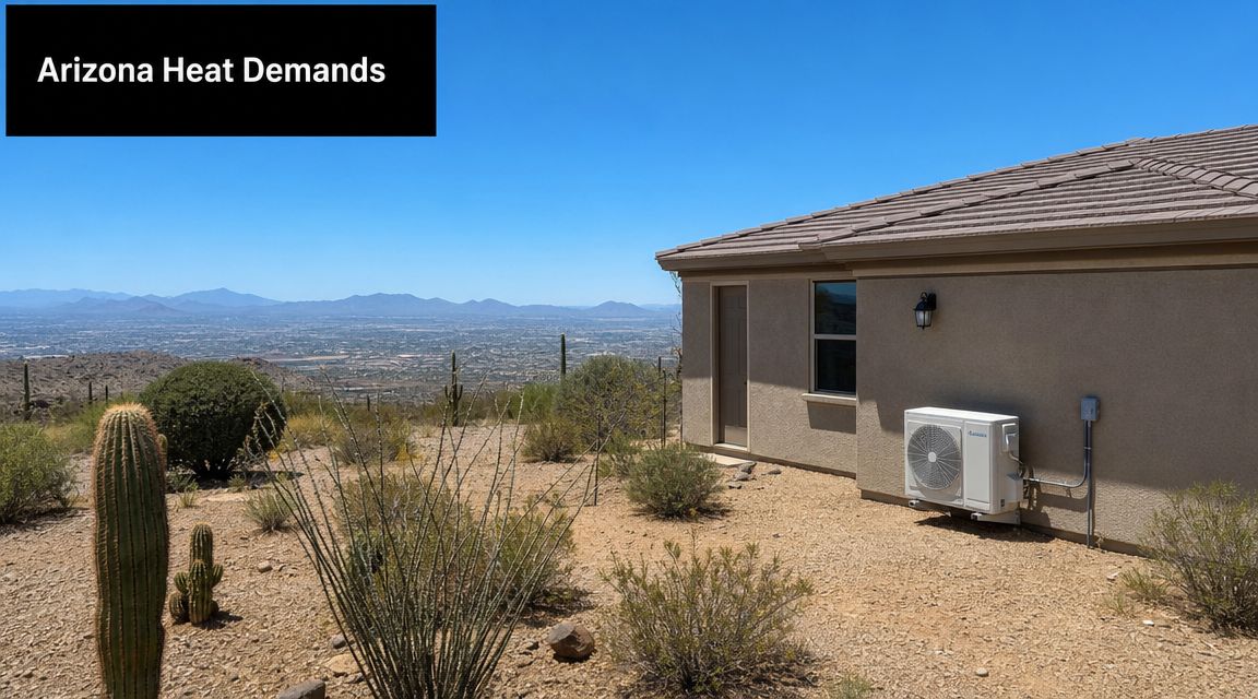 A modern home in the Arizona desert featuring an outdoor ductless mini split heat pump unit.