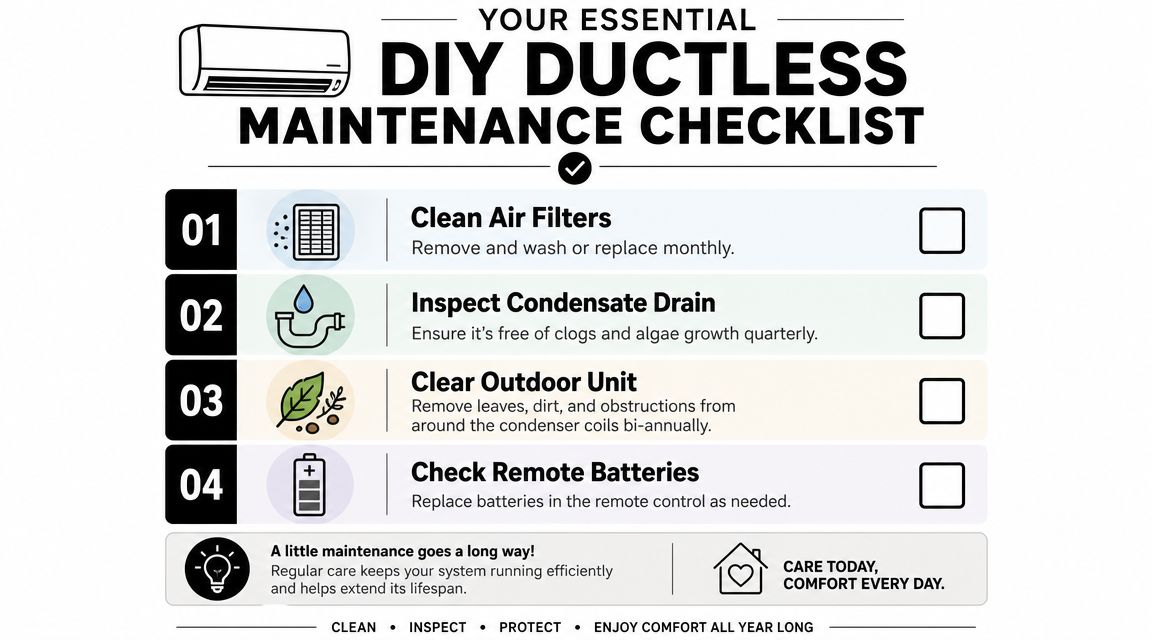 An infographic checklist for essential DIY maintenance tasks for a ductless mini-split air conditioning system.