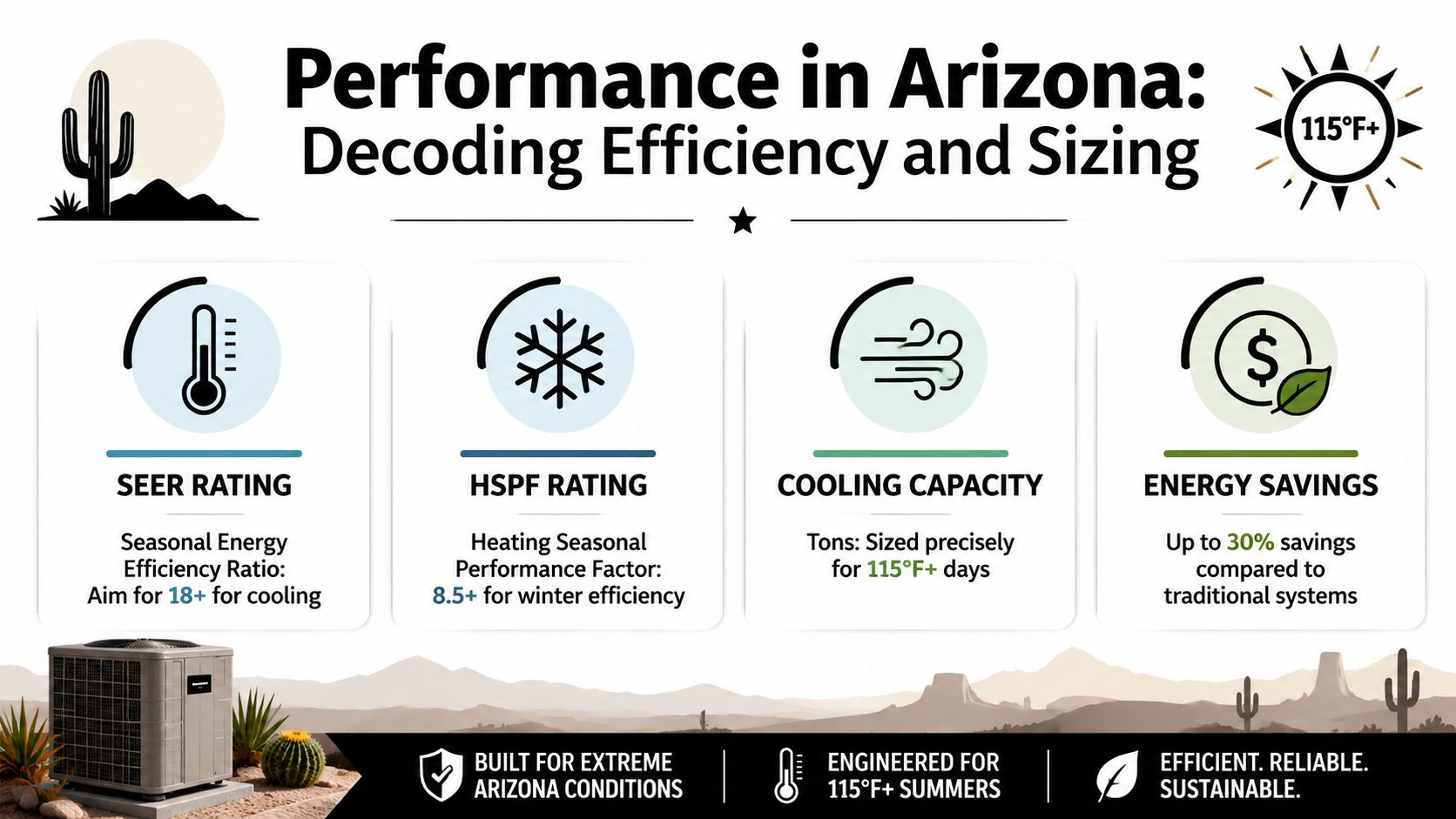 An infographic detailing essential heat pump performance factors for residential cooling and heating in Arizona climates.