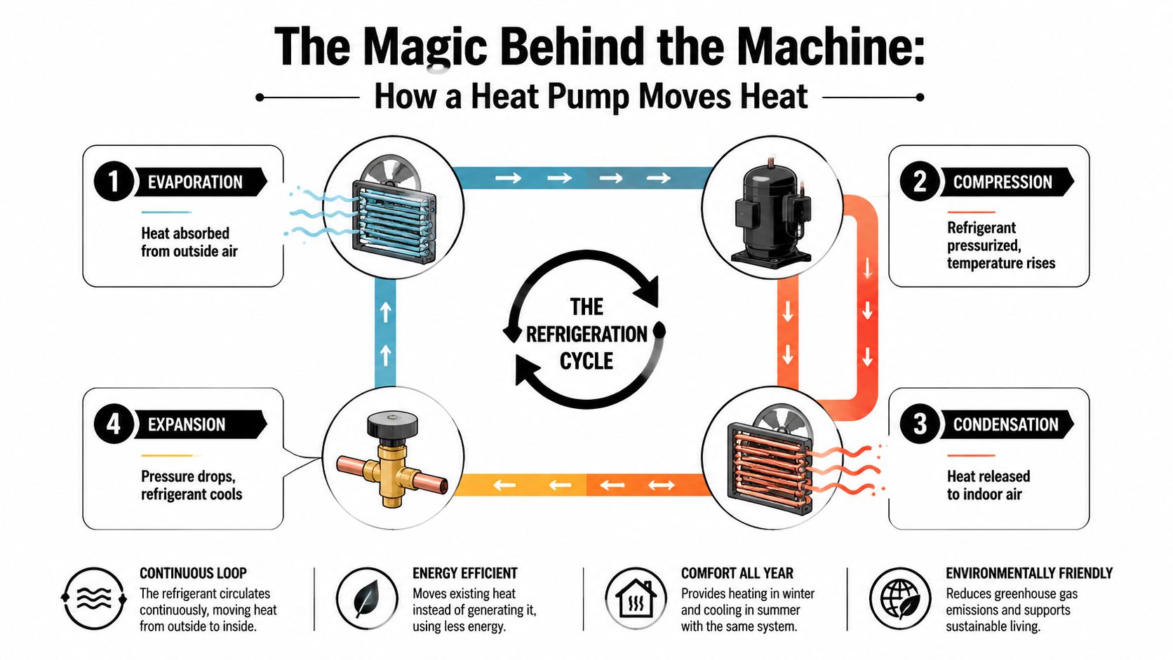 A diagram illustrating the four steps of the heat pump refrigeration cycle showing how heat moves.