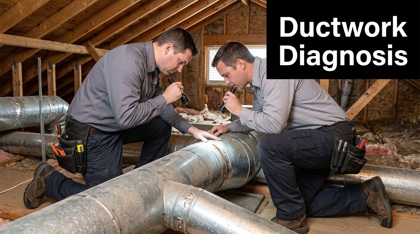 Two professional technicians in an attic inspecting metal ductwork using flashlights for maintenance or repair work.