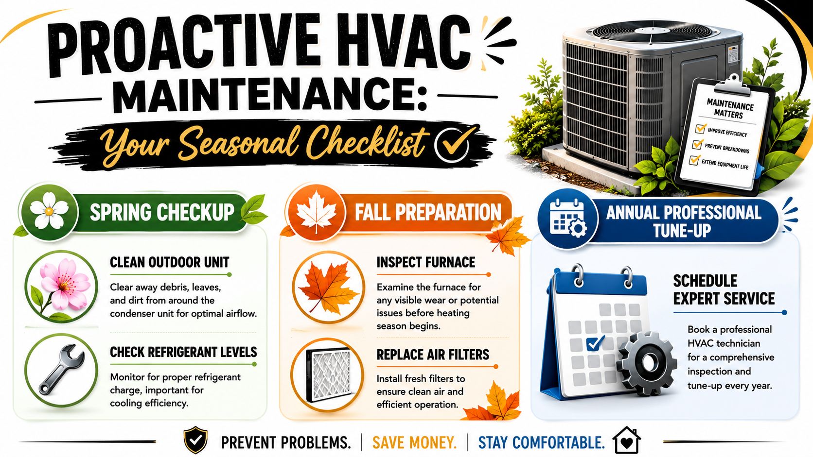 An infographic detailing a seasonal HVAC maintenance checklist with spring, fall, and annual professional service tips.