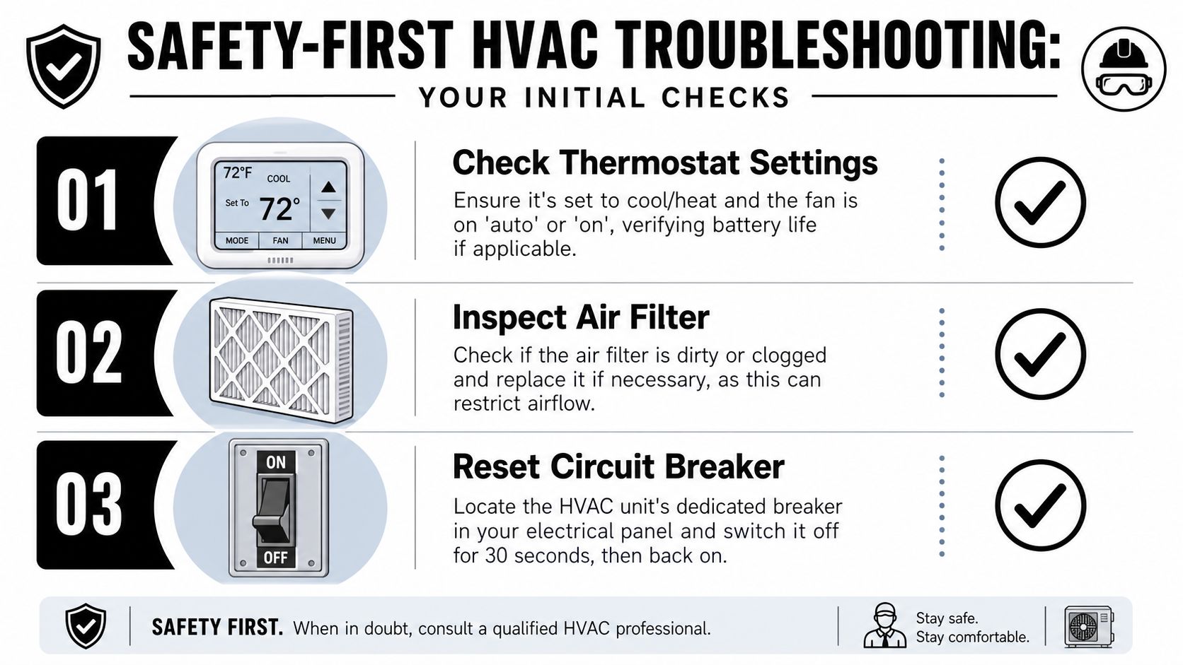 A safety-first HVAC troubleshooting guide illustrating three initial steps to check your home heating and cooling system.