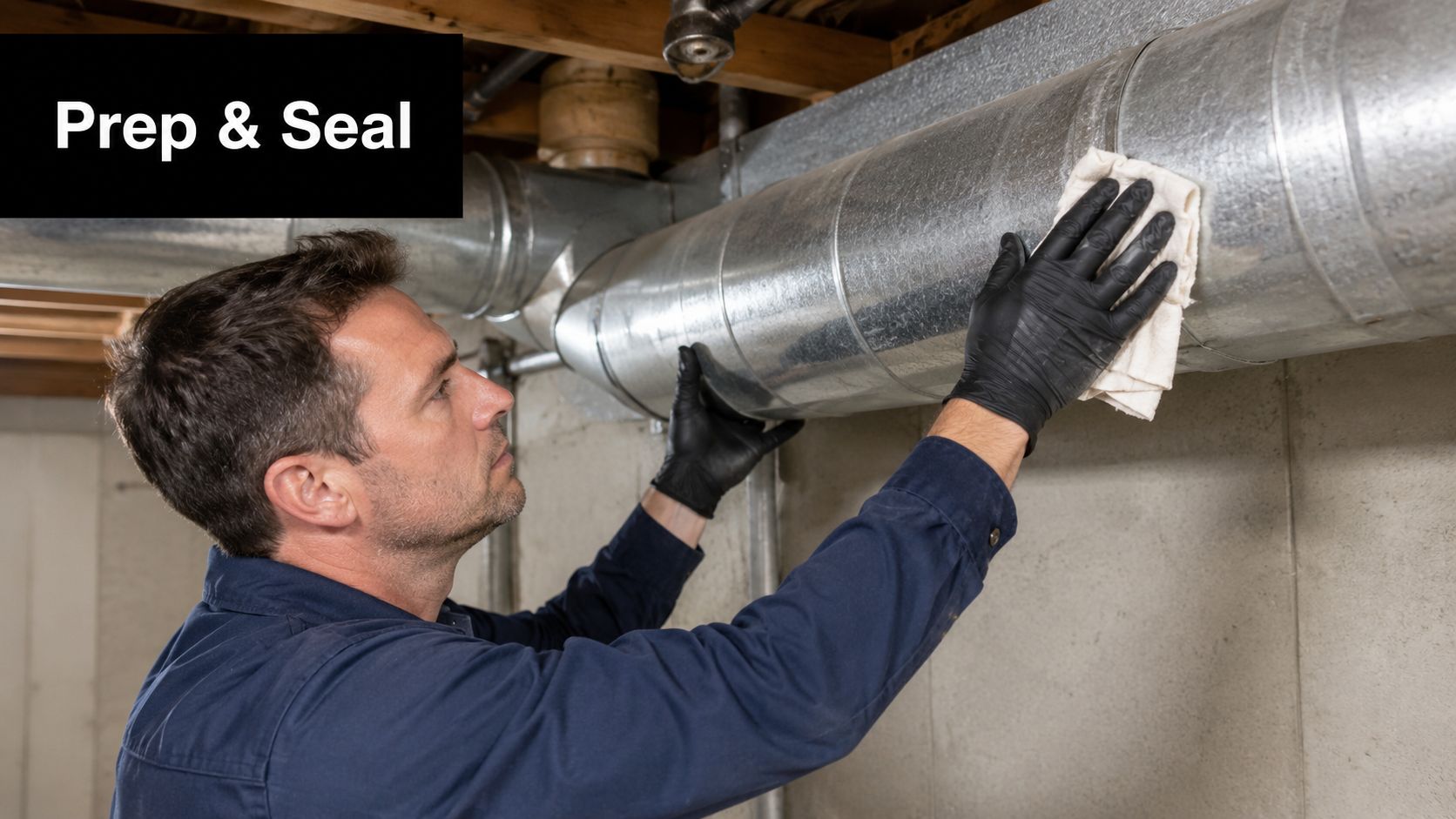 A professional technician wearing black gloves cleans and prepares metal ductwork for sealing in a basement.