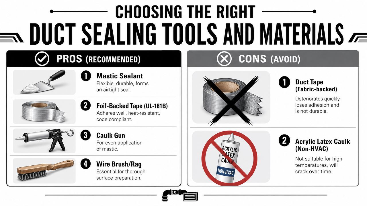 An infographic showing recommended tools for sealing HVAC ductwork alongside items that should be avoided.