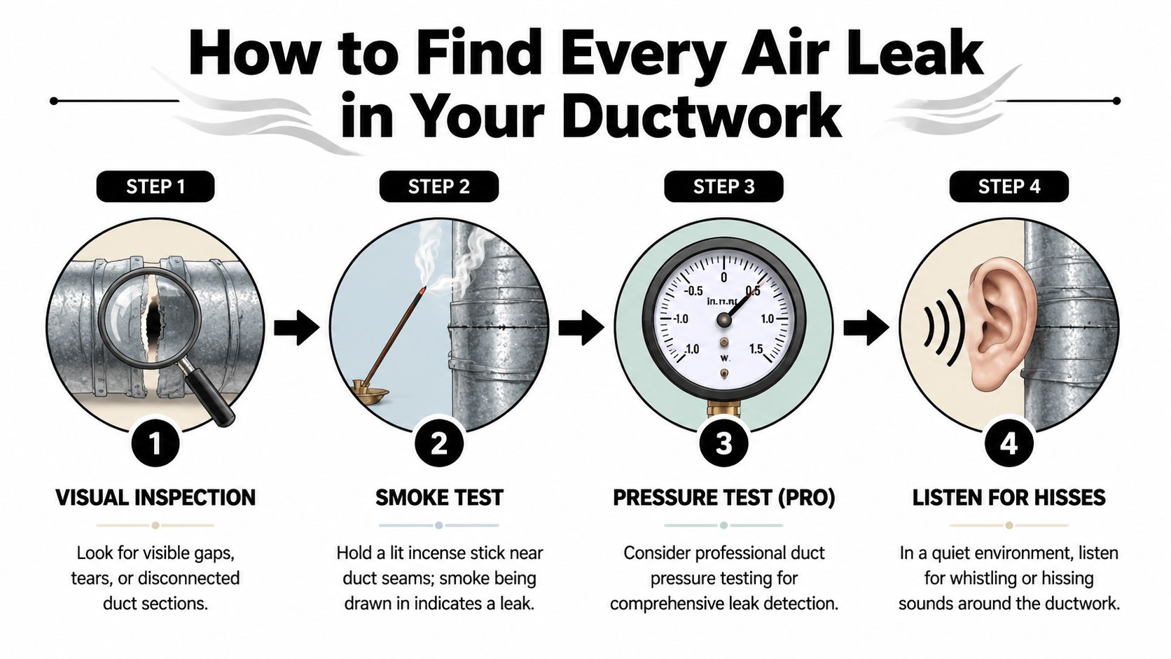 A four-step infographic illustrating methods for finding air leaks in home ductwork, including visual inspection and testing.