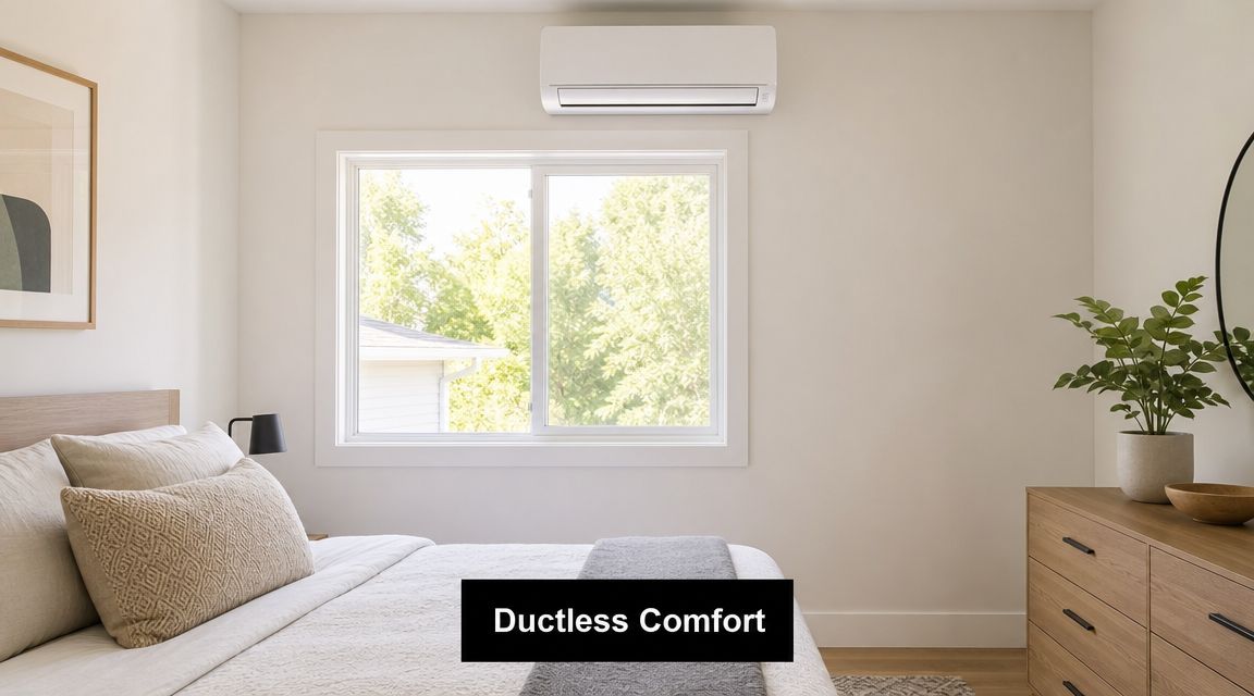 A modern bedroom with a wall mounted ductless air conditioning unit installed above a bright sunny window.