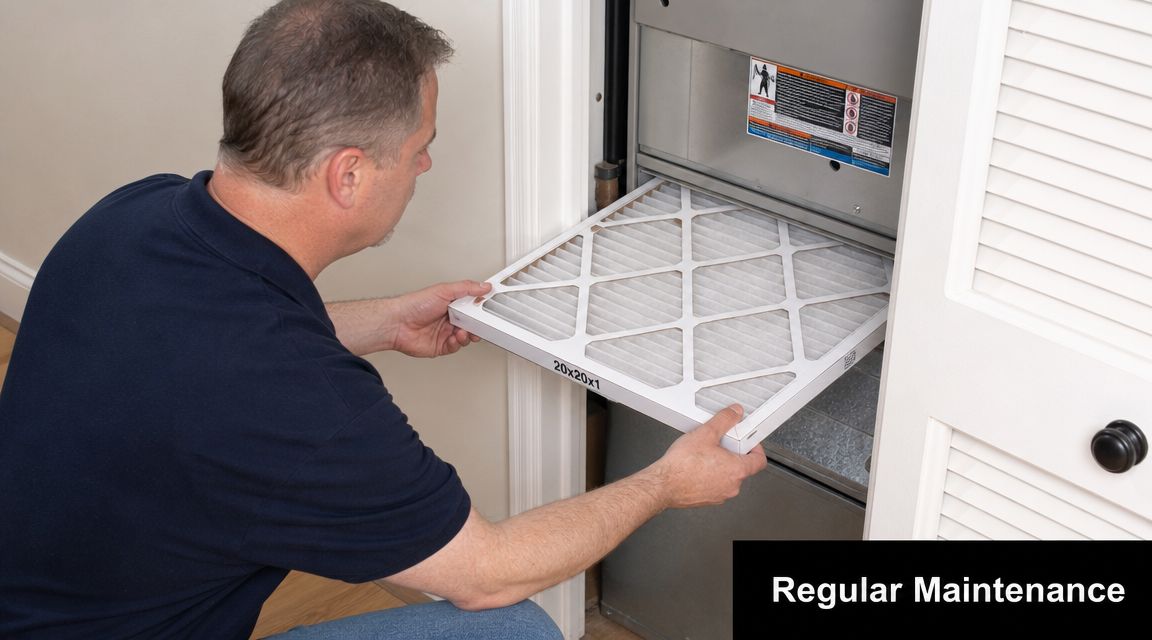 A technician performing regular maintenance by replacing the air filter in a home HVAC system unit.