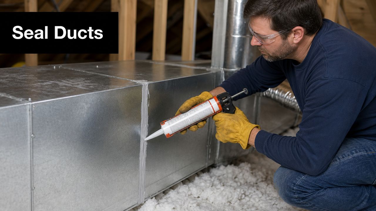 A professional technician wearing safety glasses and yellow gloves seals metal HVAC air ducts with caulk.