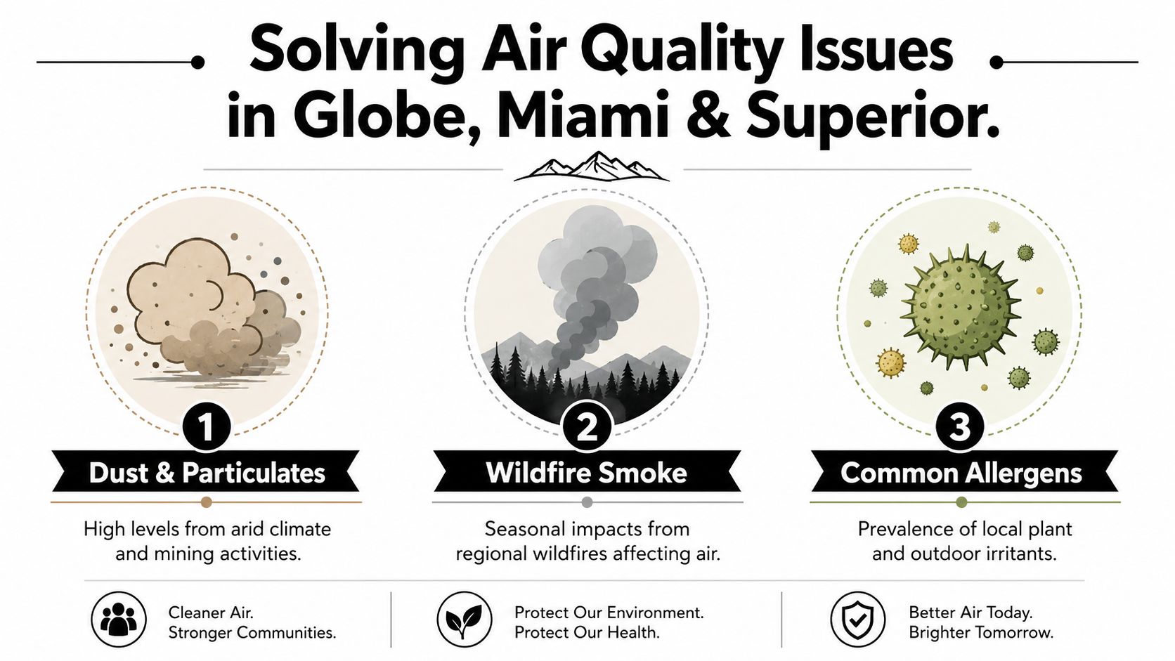 An infographic illustrating three common air quality issues in Globe, Miami, and Superior, including dust, smoke, and allergens.