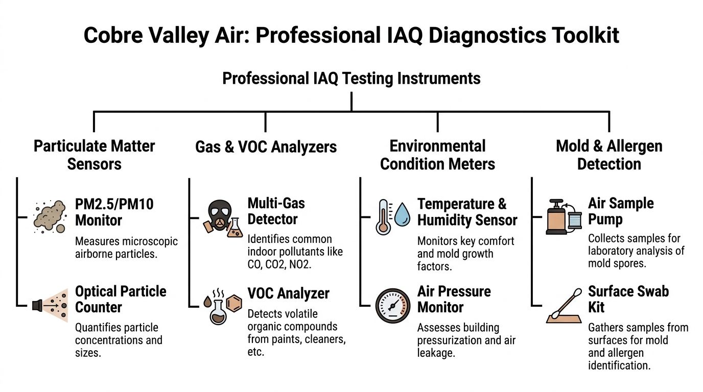 An infographic chart displaying various professional indoor air quality testing instruments categorized by their functions.