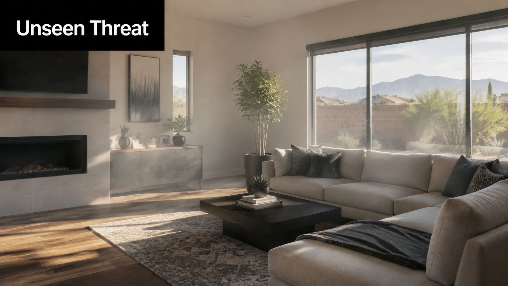 A modern living room with visible hazy air particles, representing concerns about indoor air quality testing.