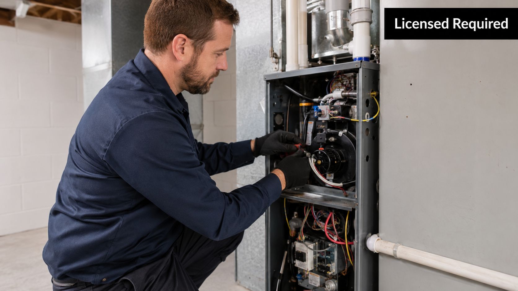 A professional technician wearing gloves while repairing and servicing a residential HVAC furnace system.