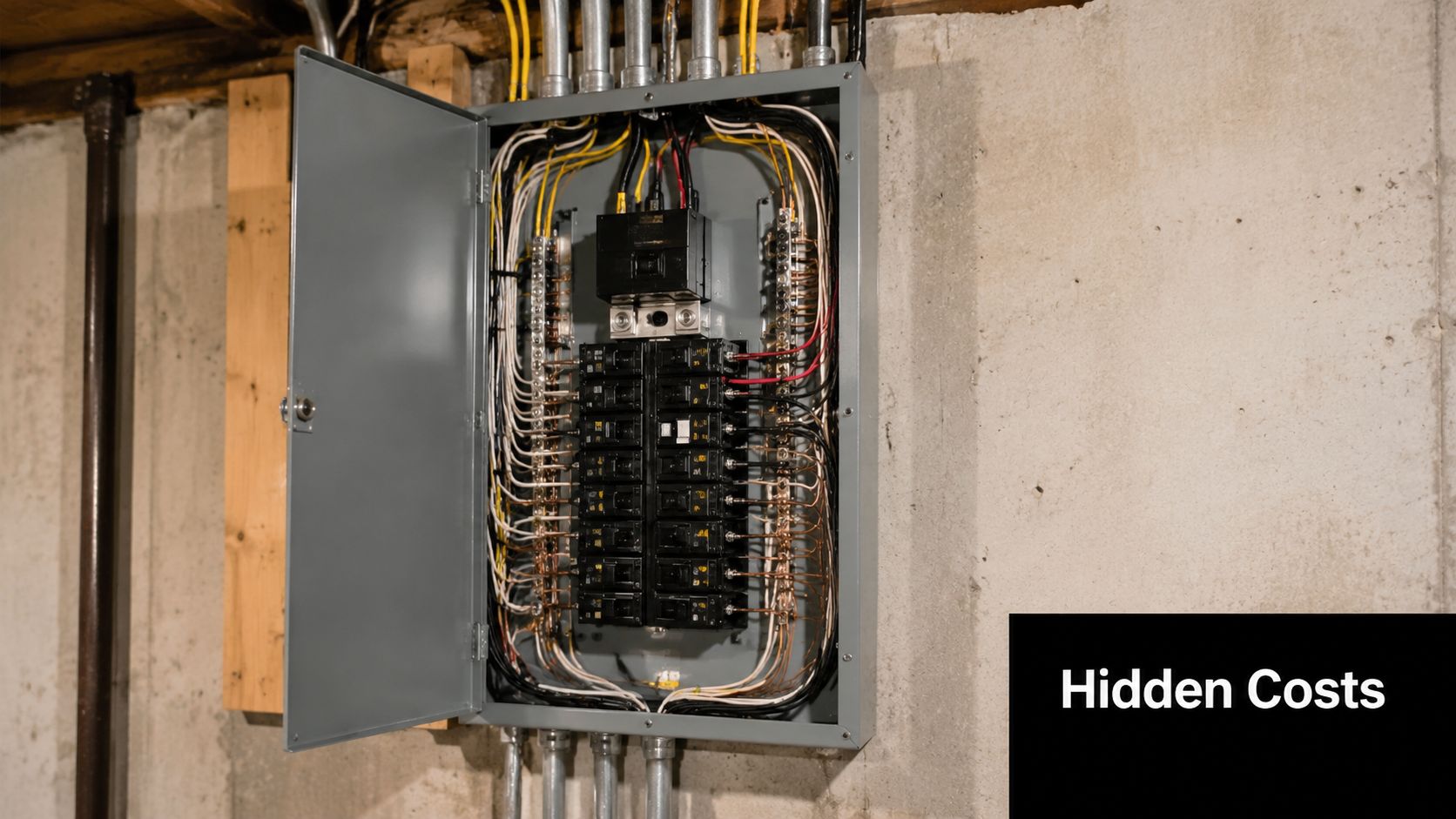 A gray electrical circuit breaker panel mounted on a concrete wall in a basement area.