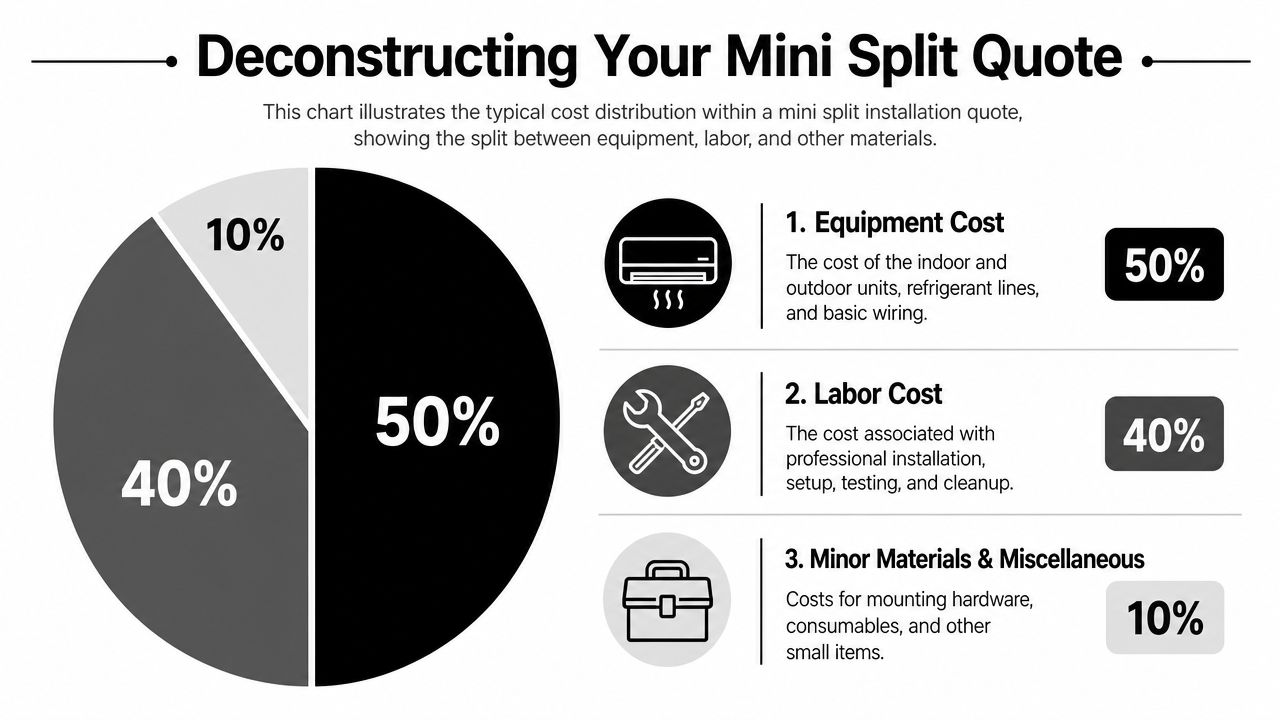 A pie chart showing the percentage breakdown of mini split installation costs including equipment, labor, and materials.