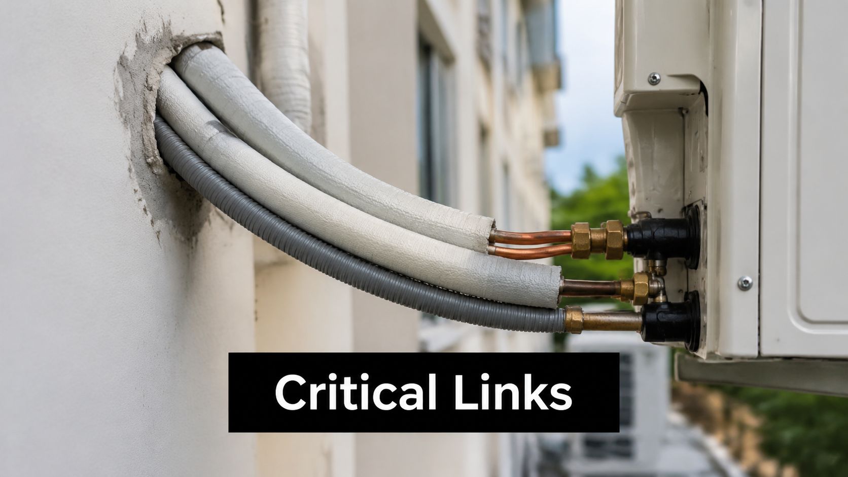 A close-up view showing the insulated copper pipes and electrical conduit connecting an outdoor AC unit.