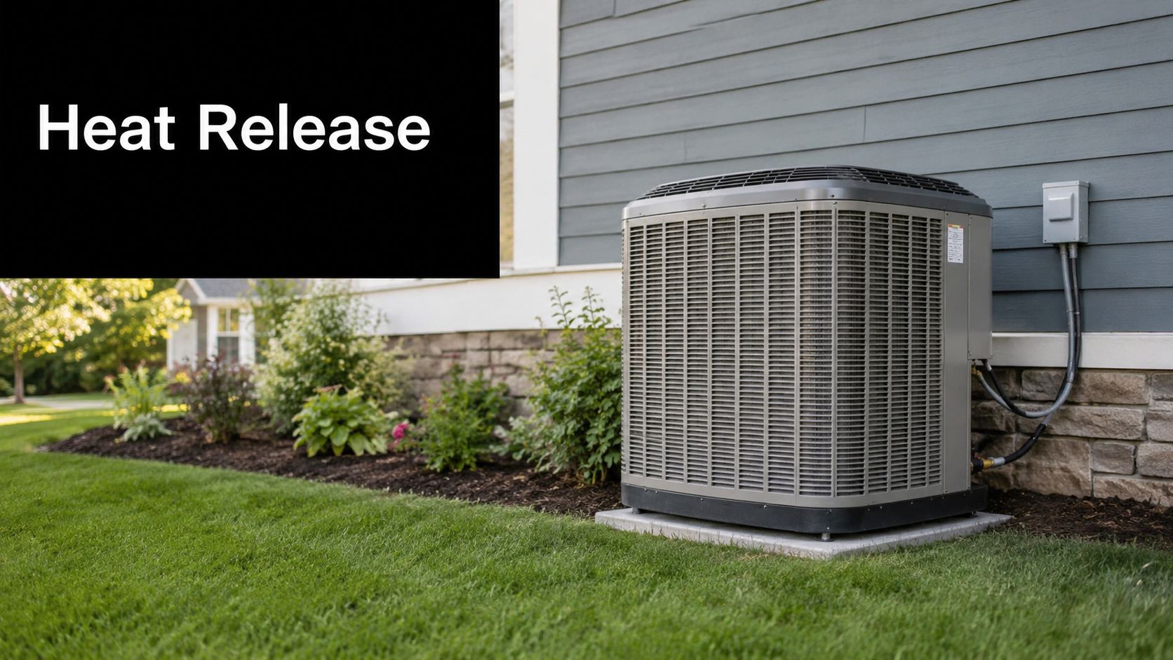 An outdoor central air conditioning unit positioned next to a residential house on a manicured lawn.