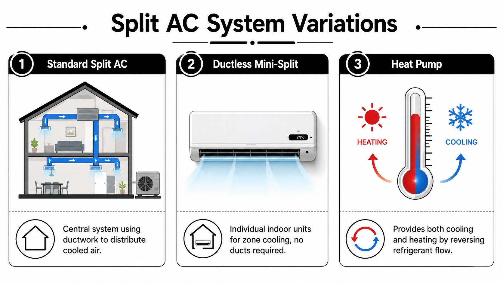 An infographic illustrating three variations of split air conditioning systems: standard split, ductless mini-split, and heat pump.