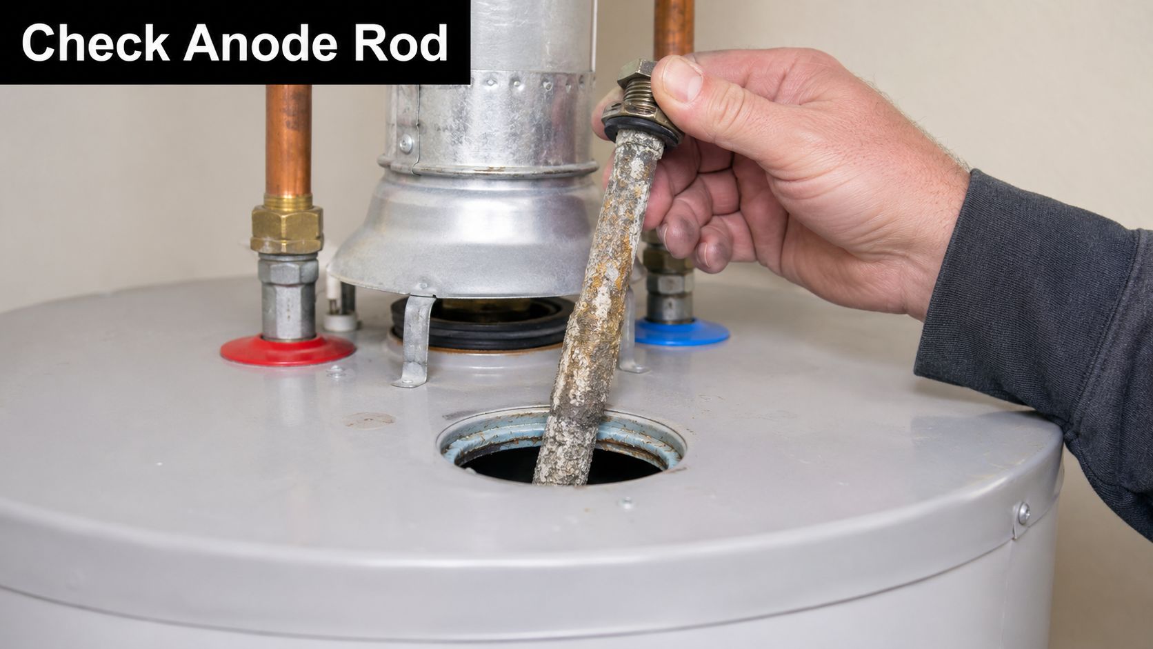 A technician holds a corroded sacrificial anode rod removed from the top of a residential water heater.