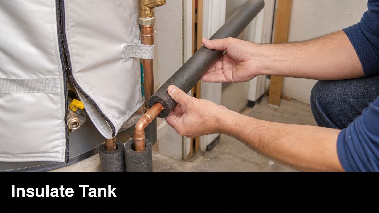 A person installing foam pipe insulation on copper water pipes connected to an insulated water heater.