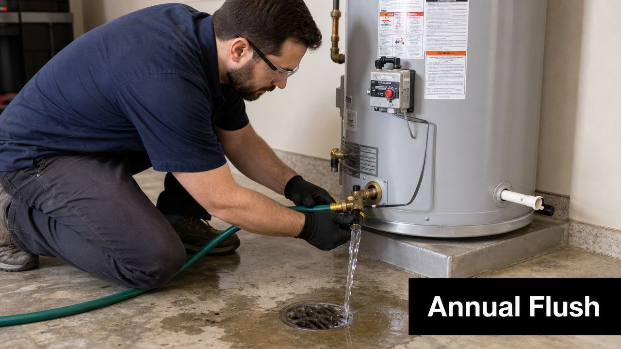 A professional technician wearing safety glasses and gloves performing an annual flush of a residential water heater.