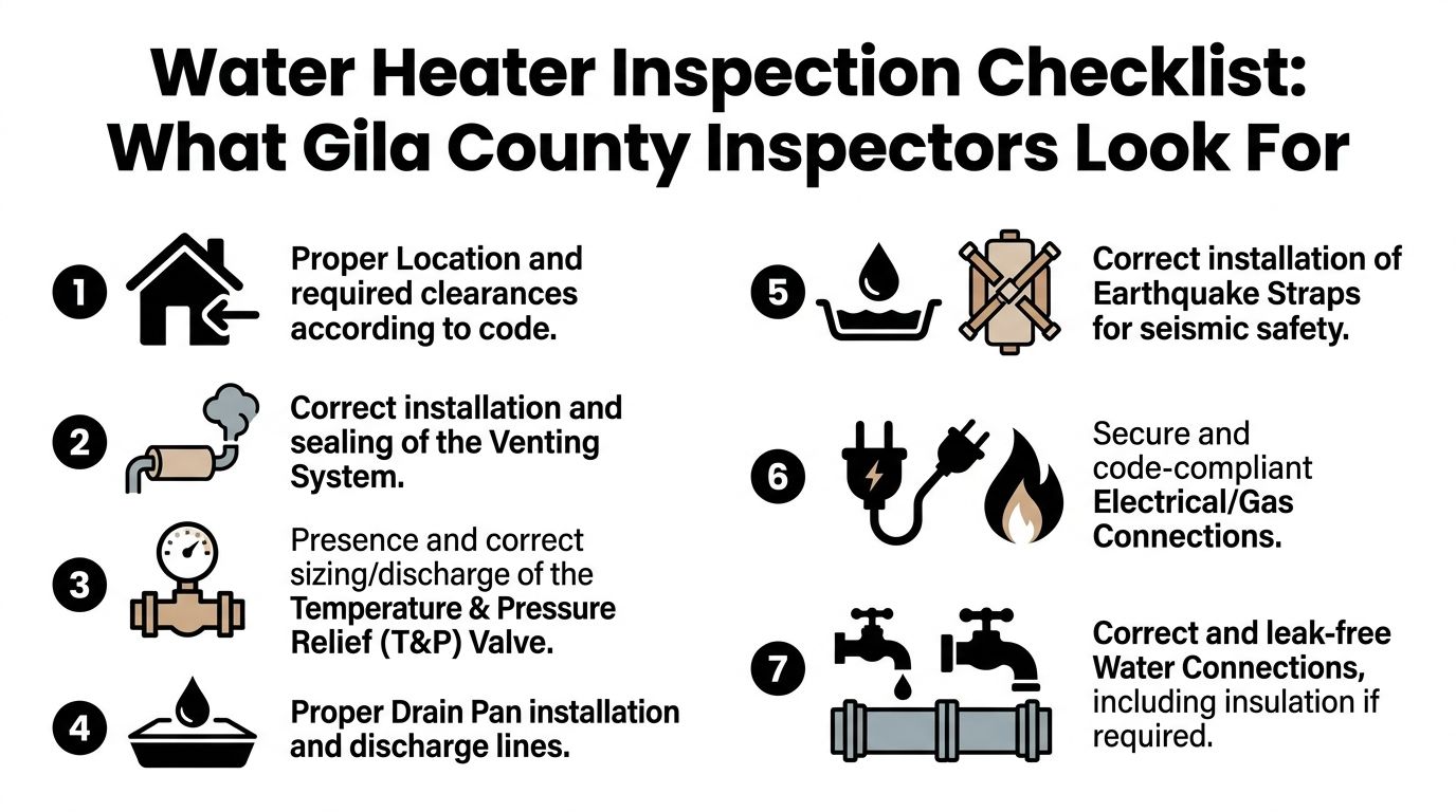 A checklist infographic detailing the seven key inspection requirements for water heater installations in Gila County.