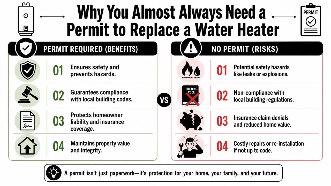 An infographic illustrating the safety benefits of obtaining a permit for residential water heater replacement versus risks.