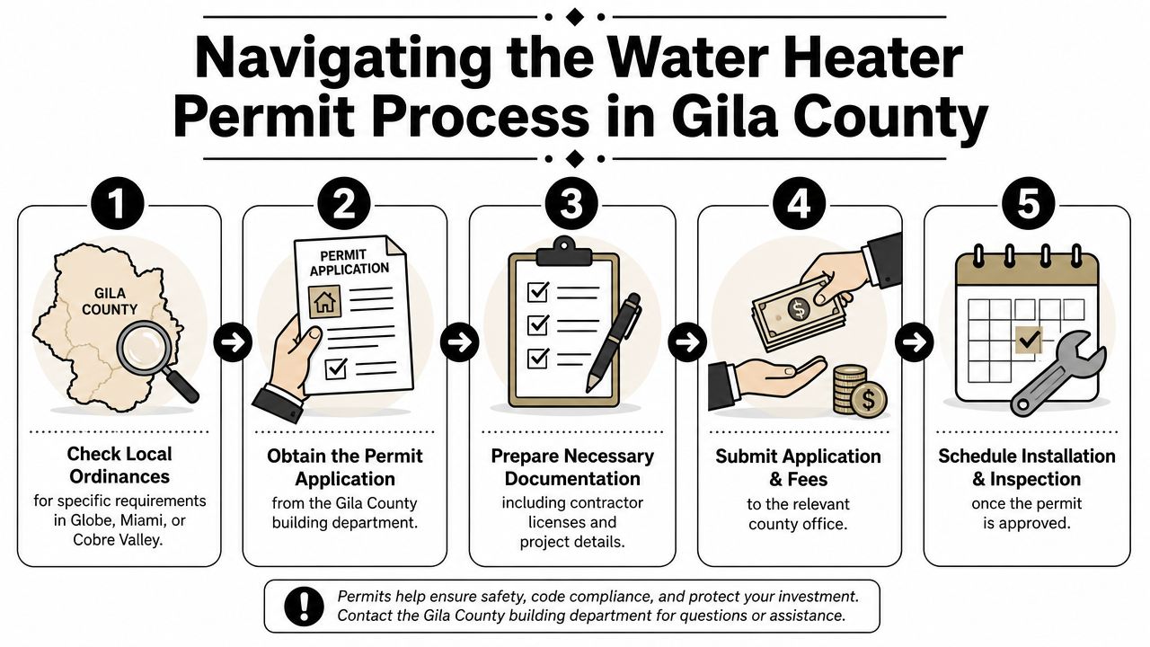A five-step infographic explaining the water heater permit process for residents of Gila County, Arizona.