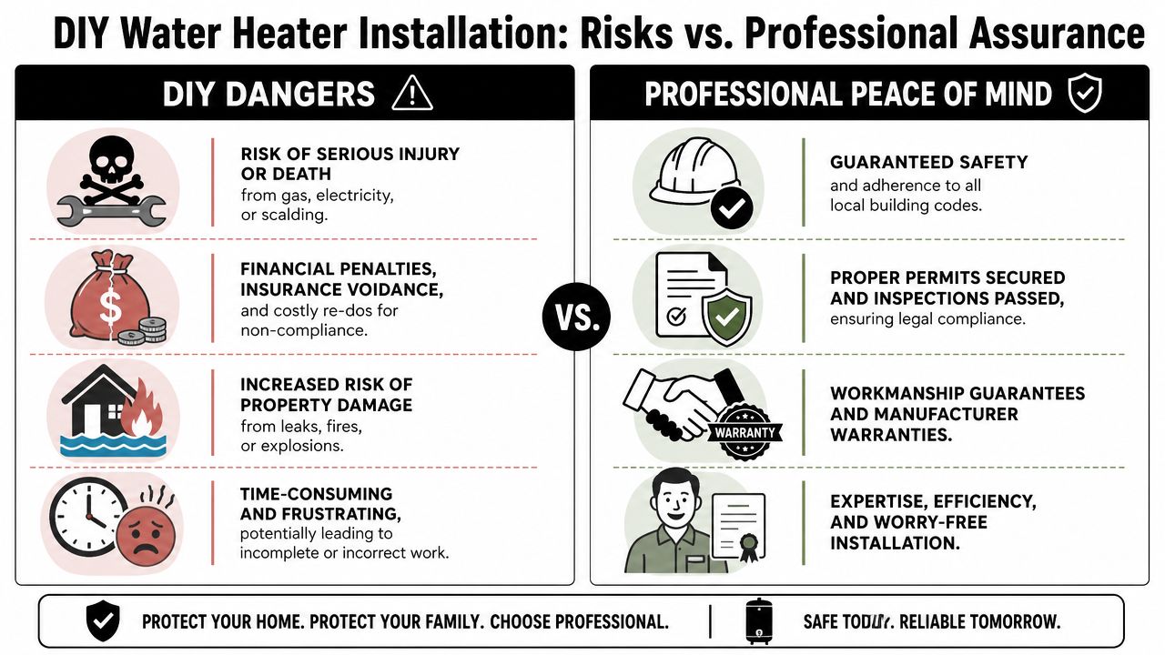 A comparison chart showing risks of DIY water heater installation versus benefits of hiring professional plumbing services.