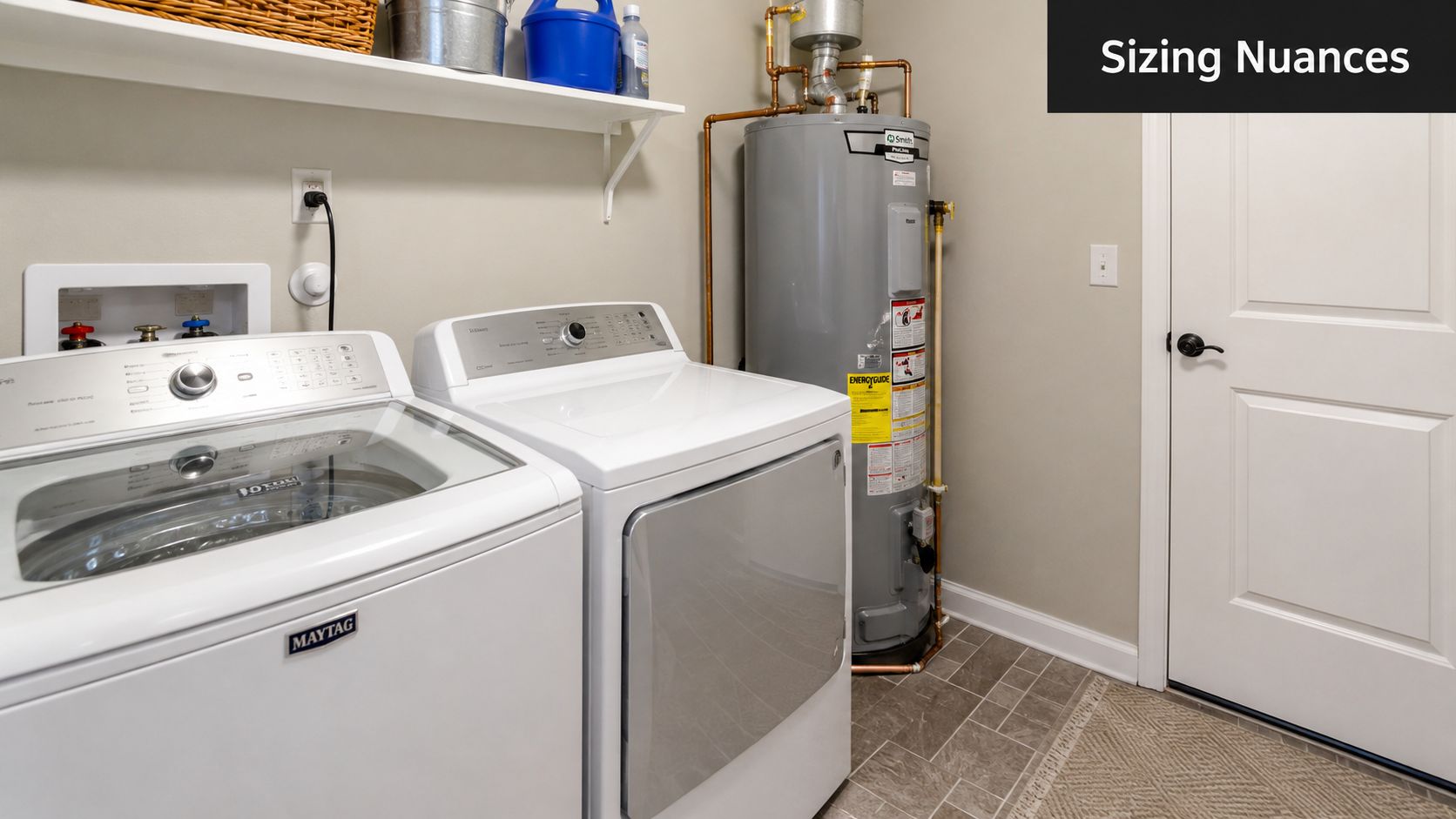 A utility room featuring a Maytag washing machine, a dryer, and an A.O. Smith water heater.