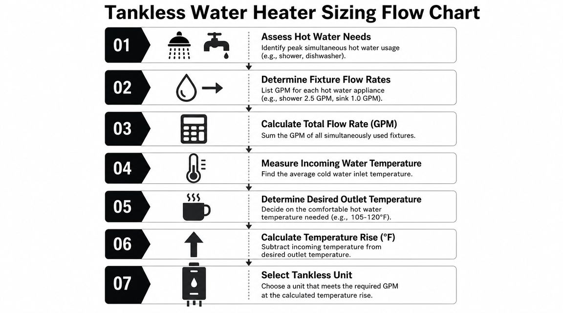A seven-step flow chart illustrating the process for sizing a tankless water heater for residential use.